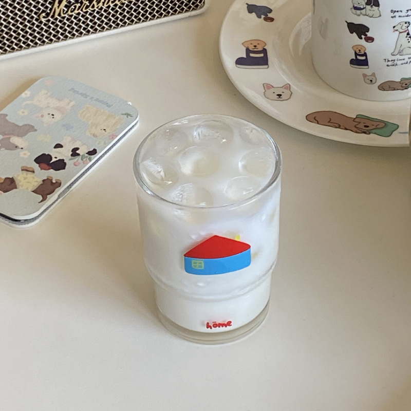 Homemade home glass cup, ins Warm Cartoon Red House water cup, niche Korean stackable cold drink cup 230ml Item Picture