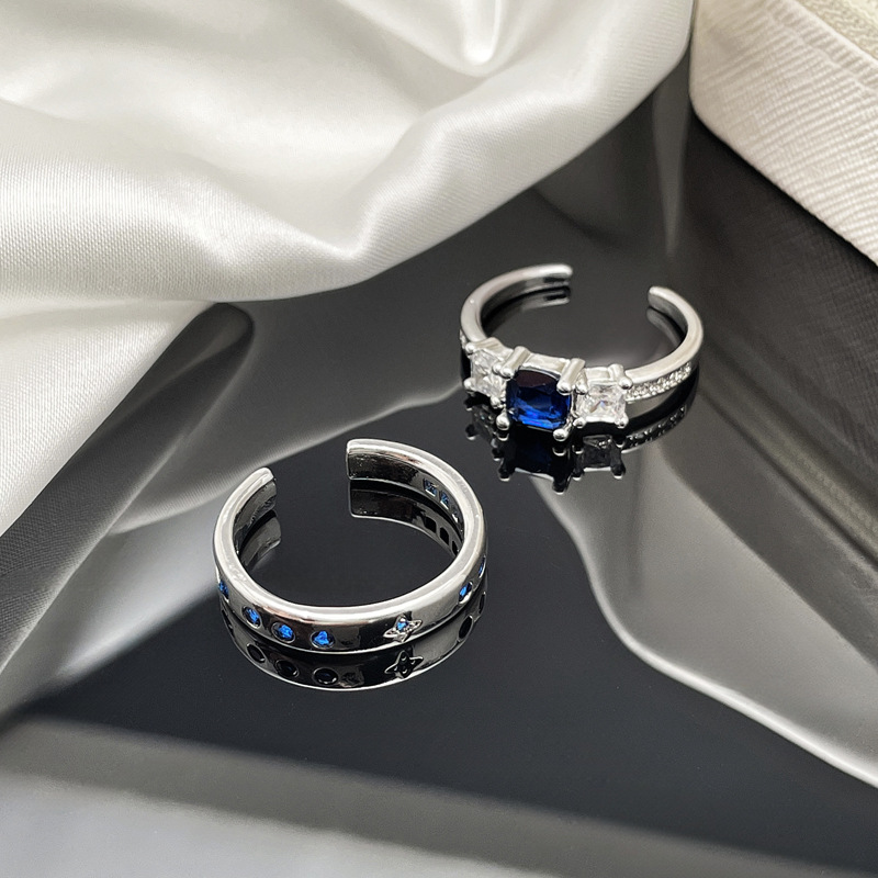Korean-style unique blue diamond fashion open ring for women, geometric punk couple rings, ins cold style niche accessories details Picture