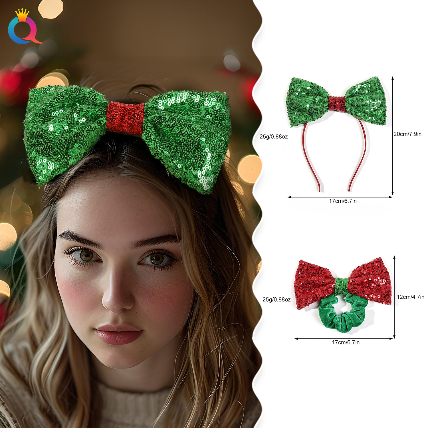 Qiyue Cross-border Christmas bow ties, sequins, mesh hair bands, women's long hair ties, plush large intestine rings, hair accessories wholesale details Picture