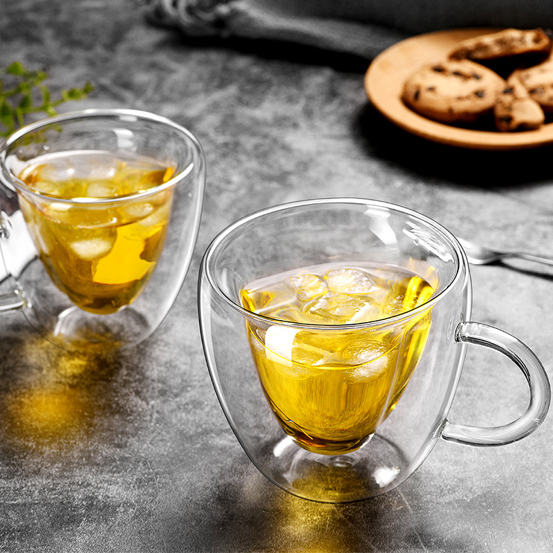 High borosilicate double-layer insulated glass cup, creative heart-shaped mug with handle, milk tea, juice, coffee and water cup details Picture