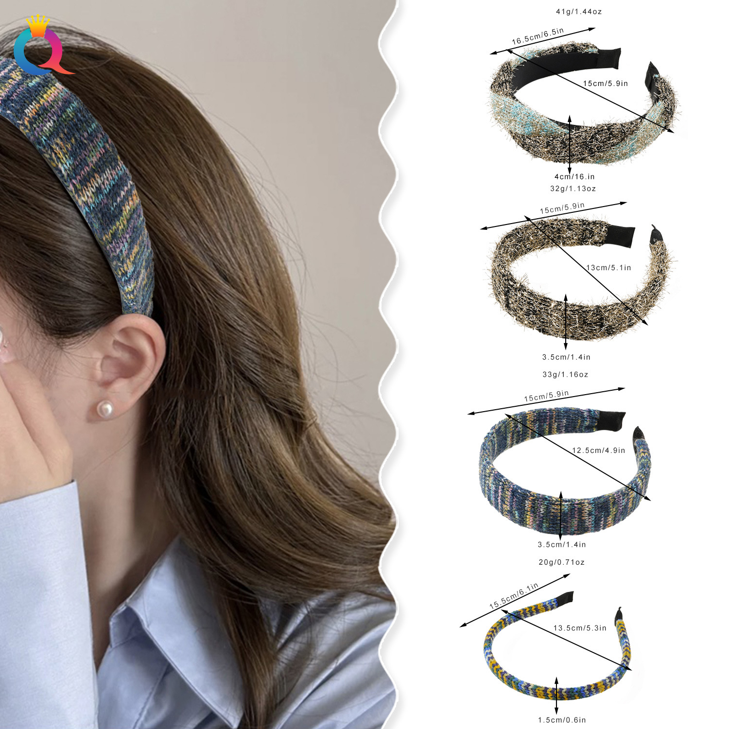 Qiyue Cross-border Woven Bright Silk plush High Skull top hairband, high-end knitted woolen hair hole headband and hair accessory wholesale details Picture