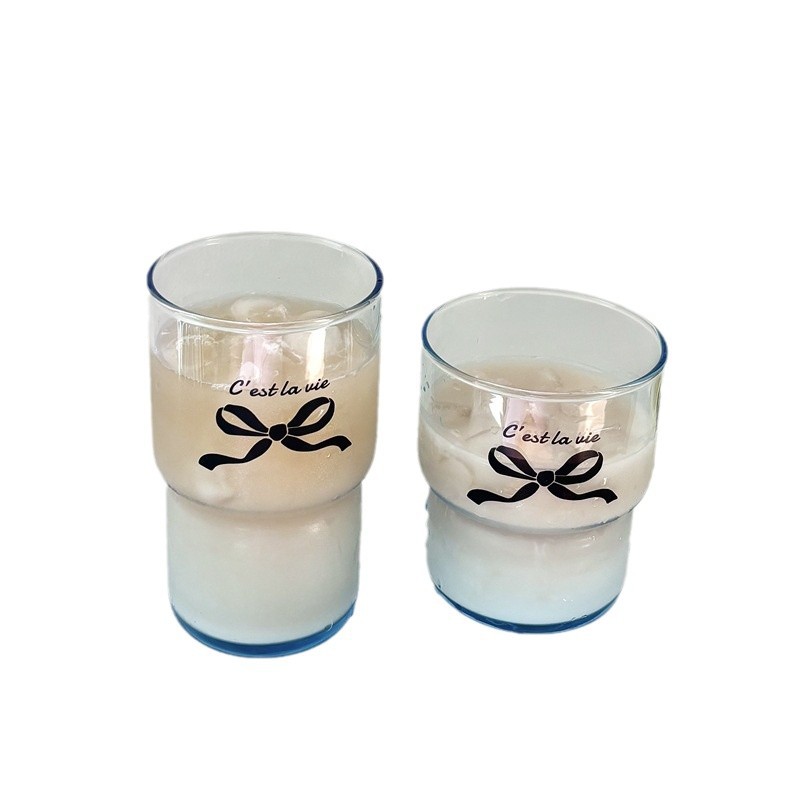 Homemade Ins-style blue bow glass cups, niche water cups, coffee cups, breakfast home glass cups, cute Item Picture