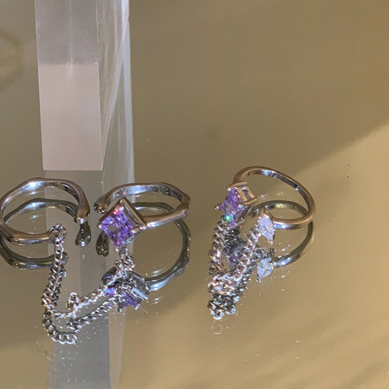 Stacked geometric square zircon sparkling diamond purple chain set open ring for women isn with a niche design sense Specification drawing