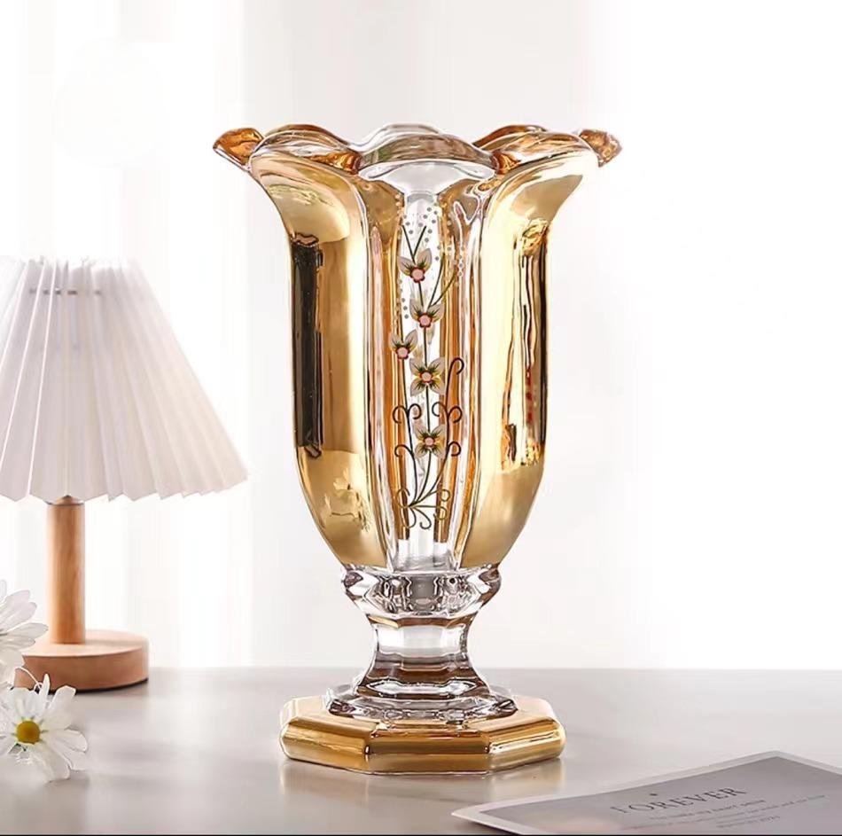 High-end gilded vases with enamel color craftsmanship for living room entrance hall flower arrangement soft furnishings, glass high-footed vases for home decoration full figure