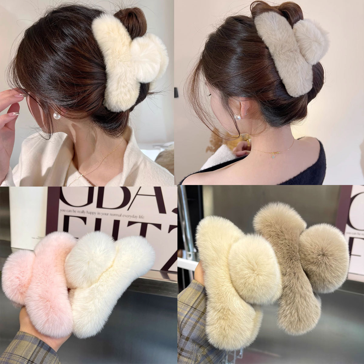 Korean genuine mink rabbit hair clips, women's hair accessories, high-end shark clips, plush updo hair clips, oversized fur hair clips full figure