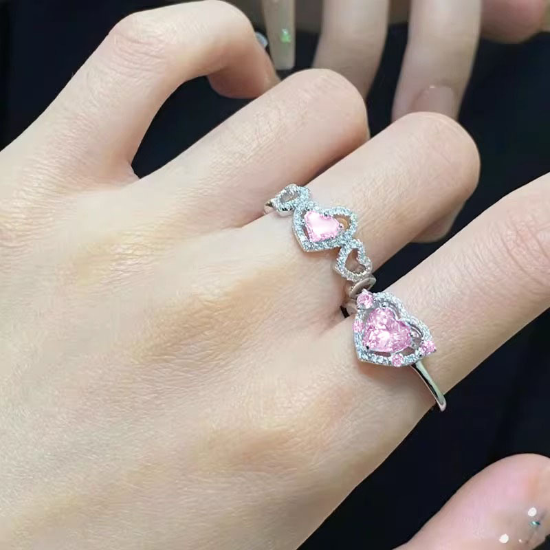 New sweet and cute girl pink diamond ring for women, light luxury, unique adjustable, fashionable and individual, versatile open ring full figure