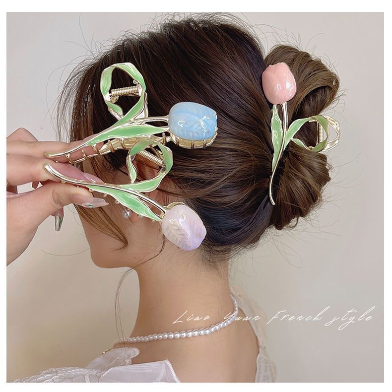 Sweet and gentle tulip flower grappling clip, high-end style, large female head clip, super fairy-like, internet-famous hair clip full figure