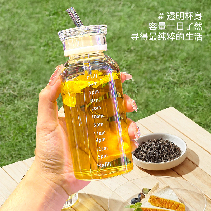 Wholesale of large-capacity graduated glass water cups, high-temperature resistant straws, double-lid fruit tea cups, outdoor couple milk cups for tea brewing Specification drawing