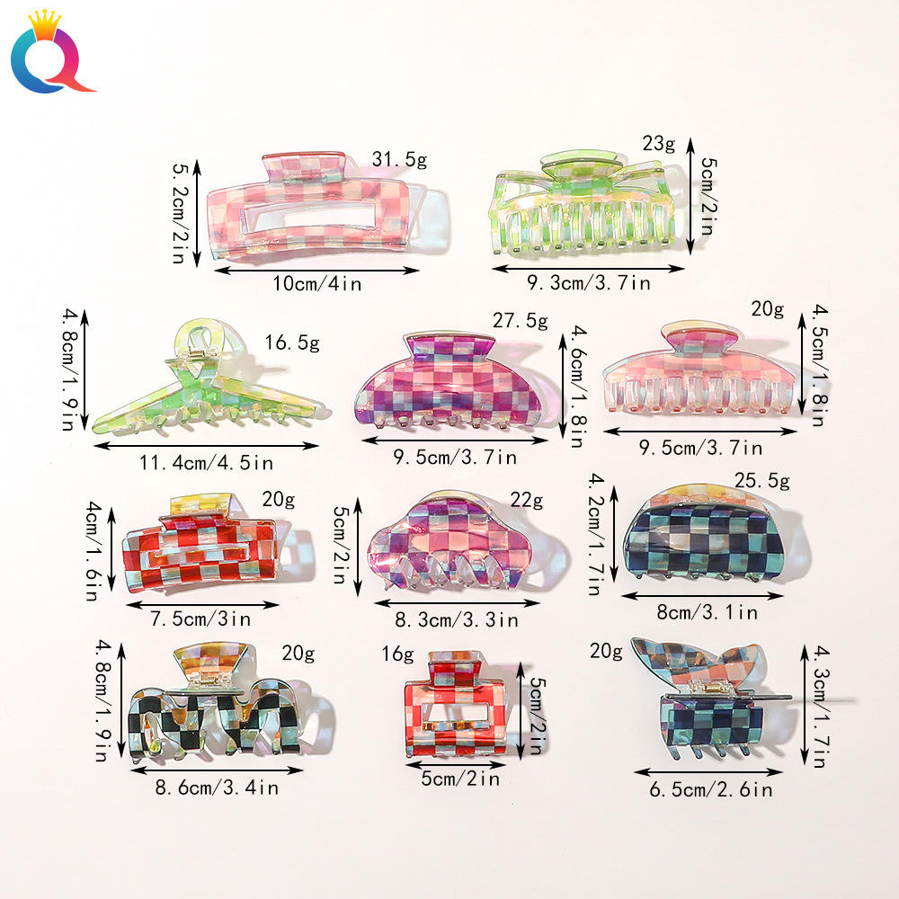 Qiyue Korean-style acetate hair clips, fashionable and retro checkerboard pattern, back head updo hair clips, and colorful shark clip headwear Application Scenario