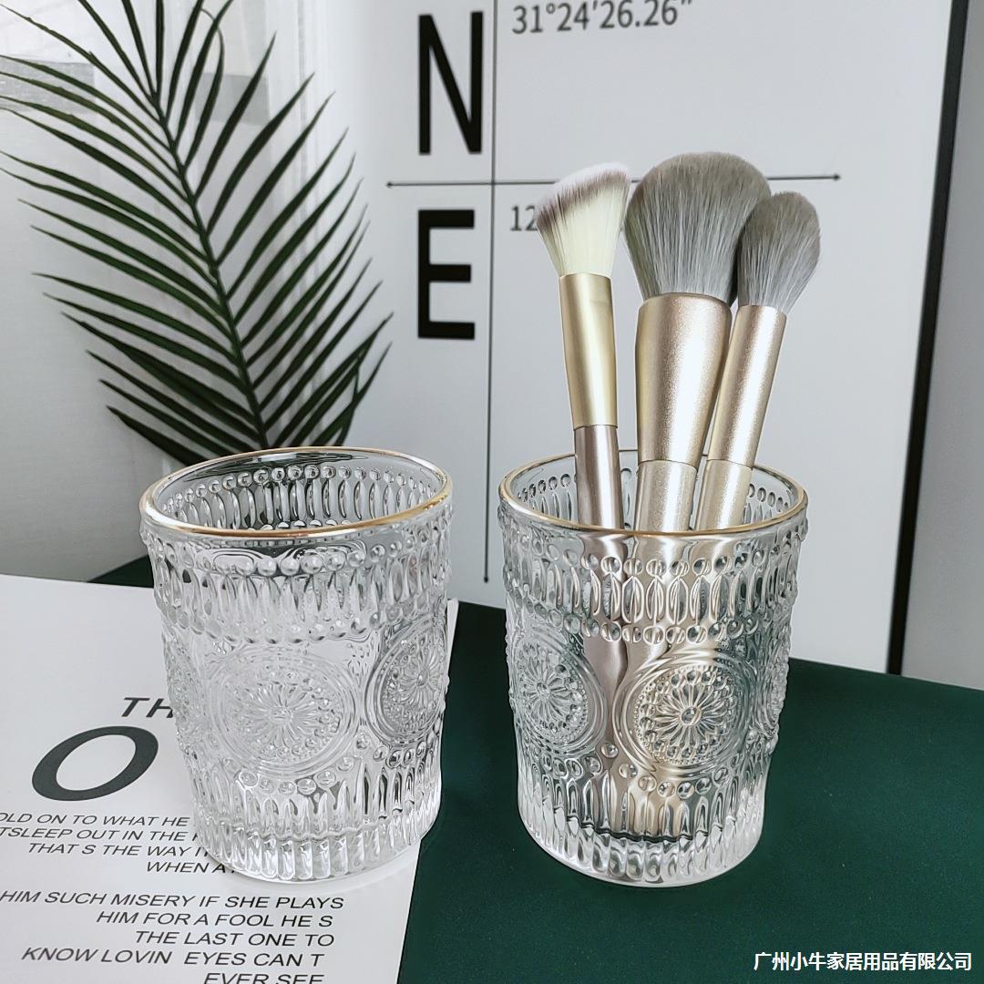 ins Noble embossed golden edge sunflower glass cup, makeup brush holder, desktop storage pen bucket, water cup, washing cup Specification drawing