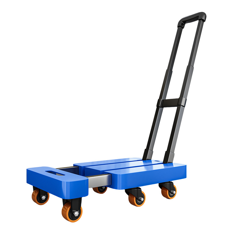 Telescopic pull rod flatbed cart, folding silent handcart, express delivery cargo trolley, six-wheel small trolley, thickened trailer Item Picture