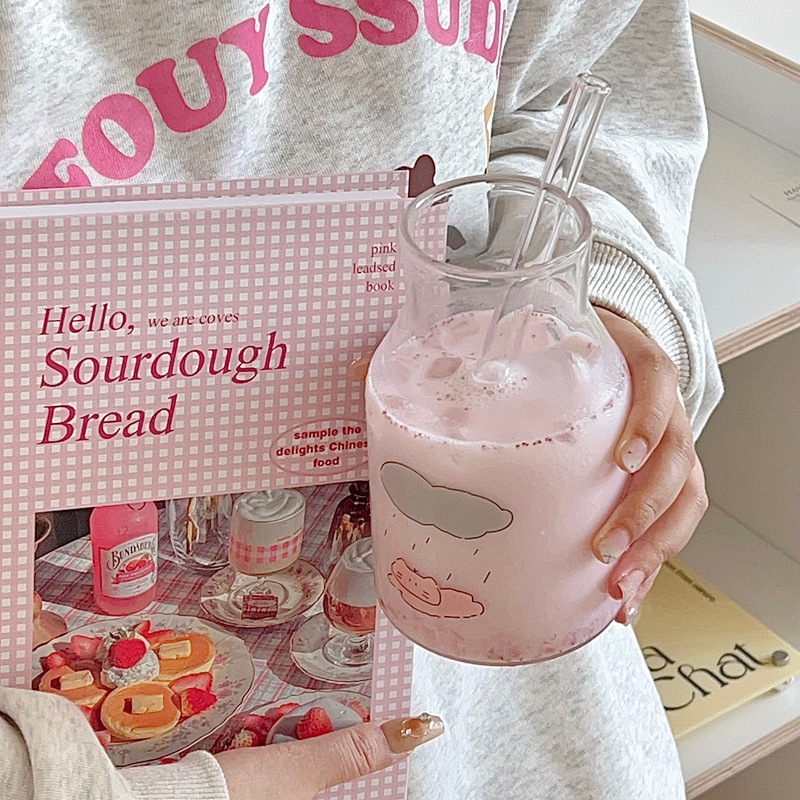 Customized ins blogger's same style of glass cups: simple cat juice cup, milk cup, coffee cup, cold brew glass bottle Specification drawing