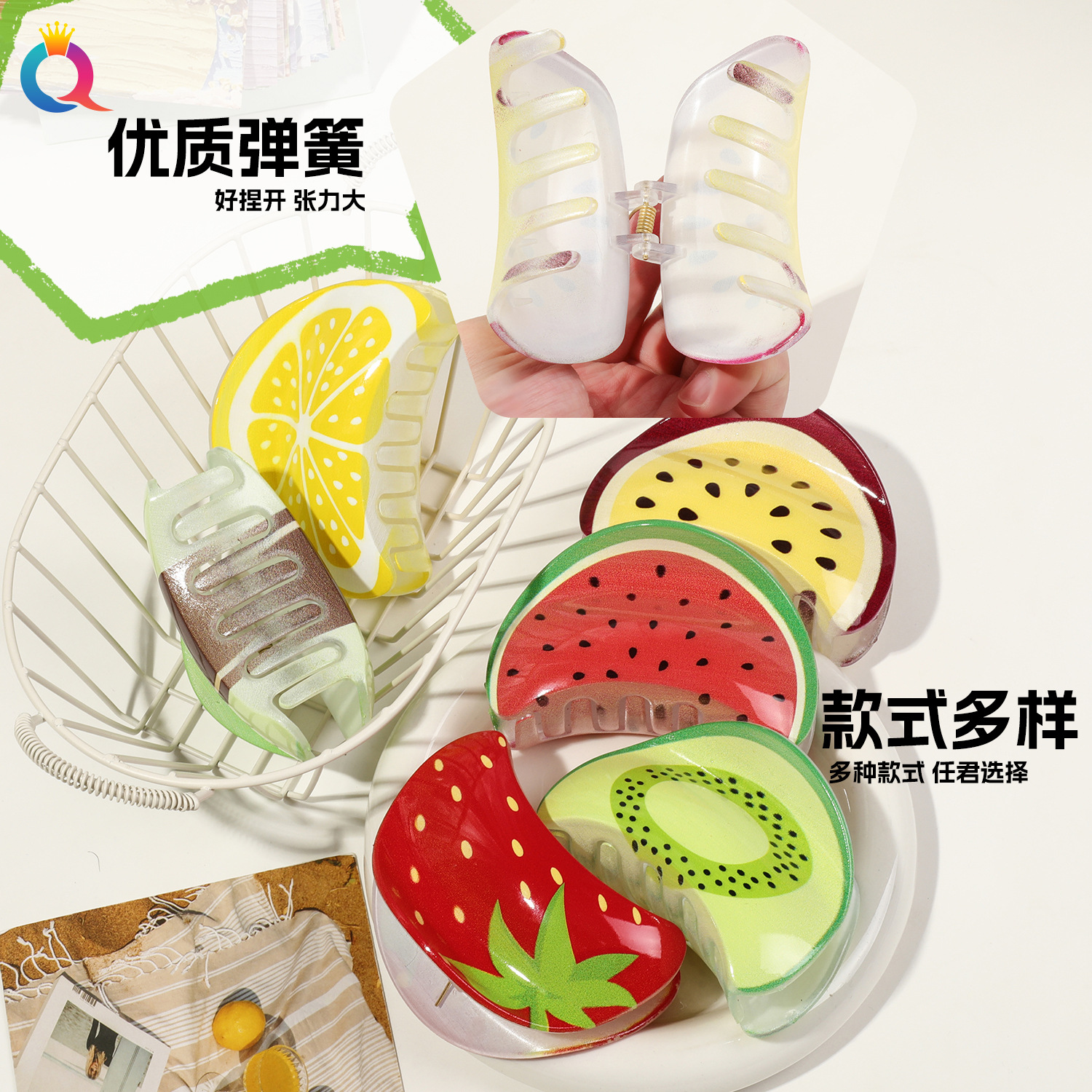 Qiyue Cross-border Korean-style fruit print grab clip, simple and elegant, high-end shark clip women's headwear and hair accessories wholesale Specification drawing