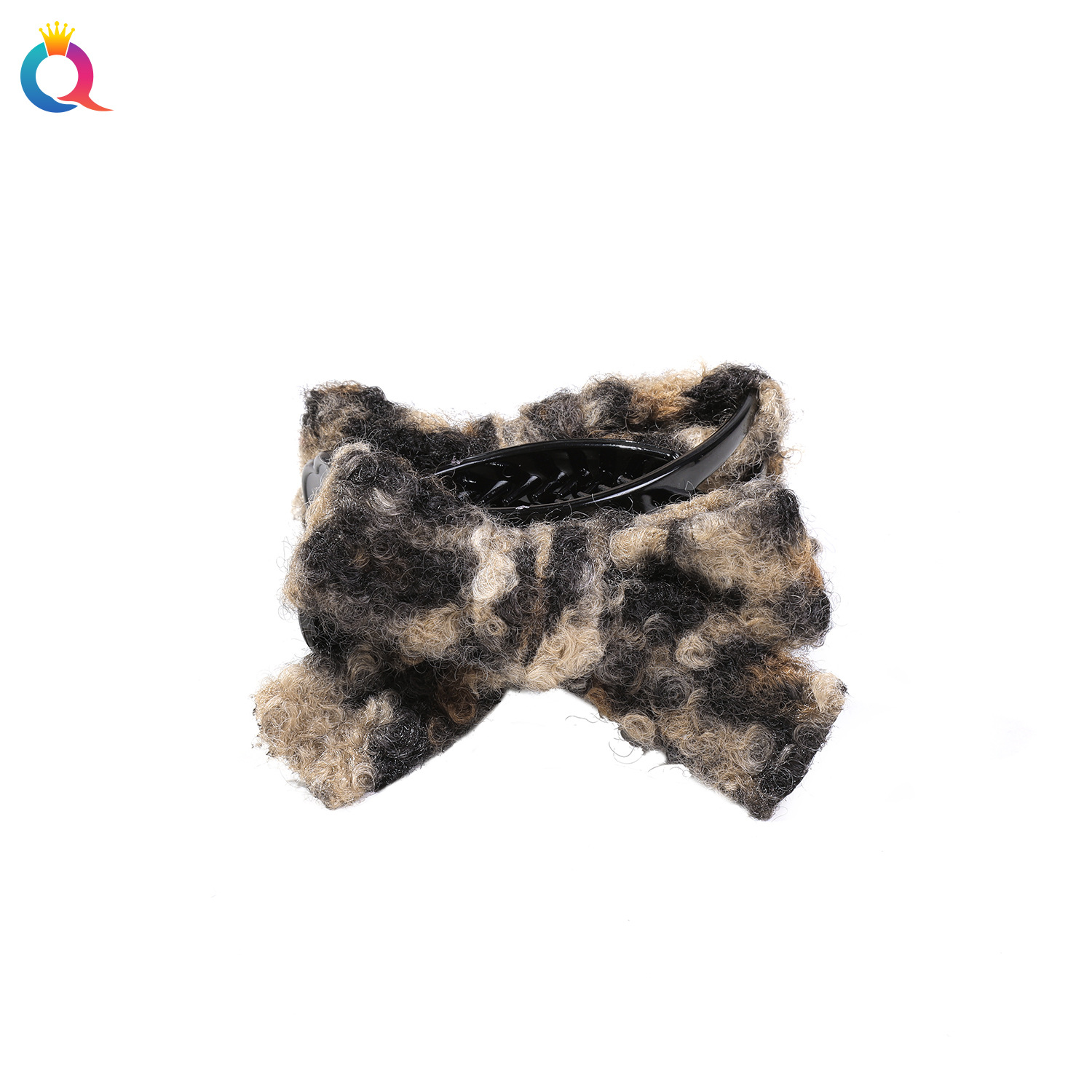 Wholesale of Qiyue leopard Print curly fringed bun hair clips for autumn and winter, retro grab clips, large bow, high-end hair accessories Item Picture