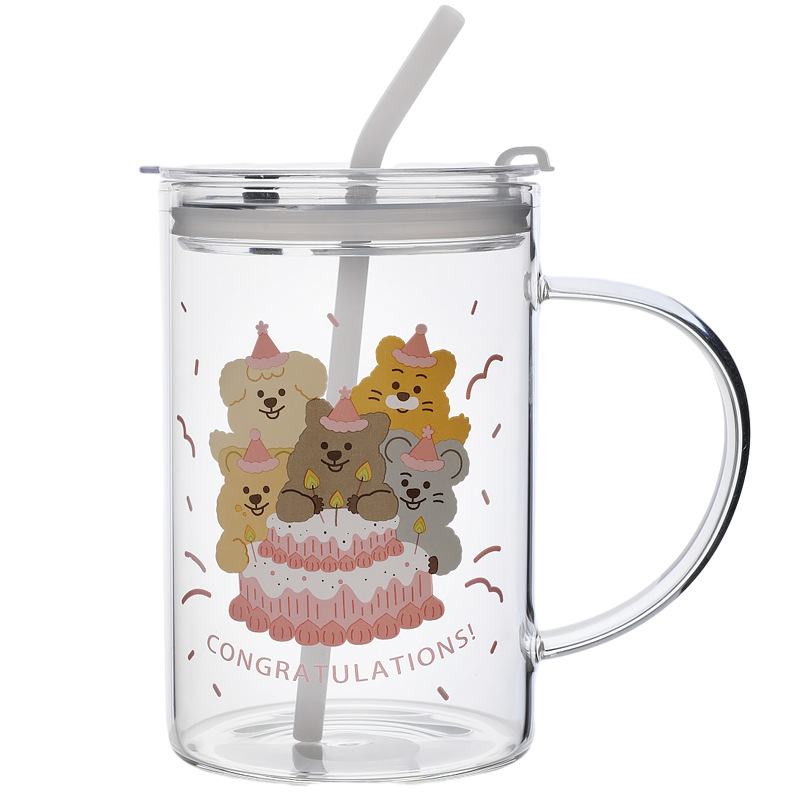 Bolimei high appearance level large-capacity glass straw cup, student dormitory drinking cup, cartoon heart dog glass cup Item Picture
