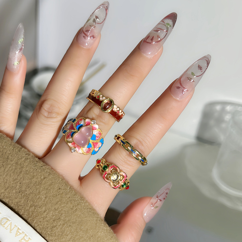Retro new Chinese-style ice-transparent amethyst enamel gourd butterfly ring for women, a small and fashionable index finger ring with a court style Specification drawing