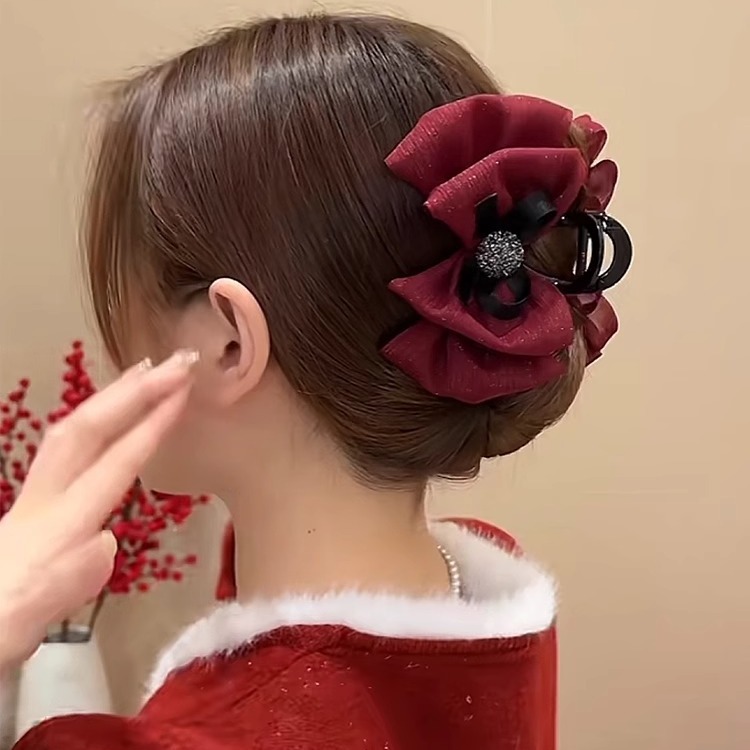Red bow hairpin New Year hair accessory with a high-end atmosphere, ins cloud sparkling diamond black butterfly grab hairpin full figure
