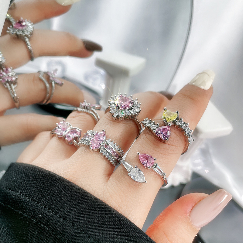 A light luxury and high-end pink diamond heart-shaped butterfly zirconia open ring, a sweet and cool style for women, versatile and fashionable index finger ring details Picture