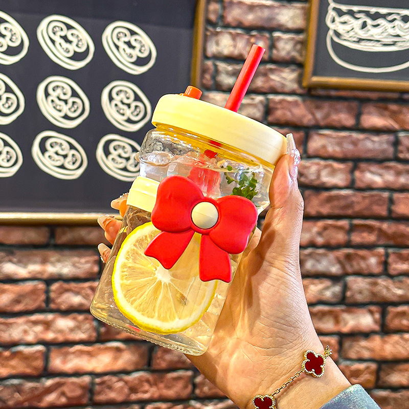 Summer simple flower cup with straw coffee cup, high appearance level bow glass water cup gift customization for girls details Picture