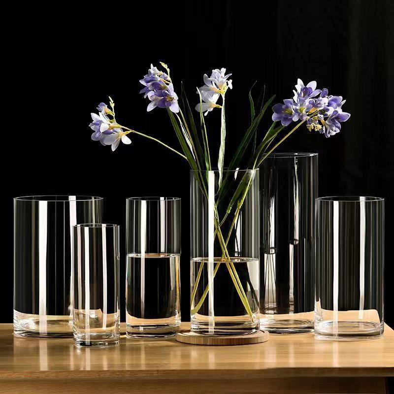 Simple transparent straight glass vase, large and tall style wholesale, living room lucky bamboo fresh flowers, hydroponic cylindrical, floor-standing thick full figure