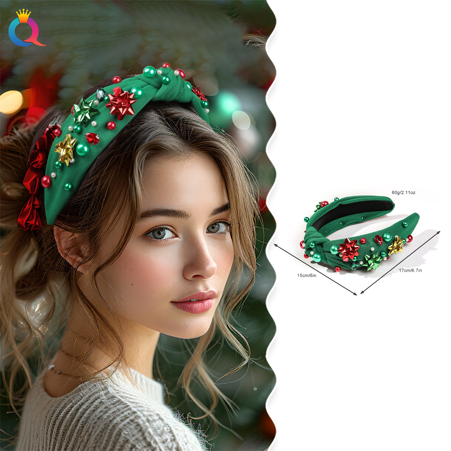 Qiyue Cross-border Christmas diamond-encrusted and knot-tied hairbands for women, plastic flower high skull top pressure hair Wash headband hair accessories wholesale details Picture