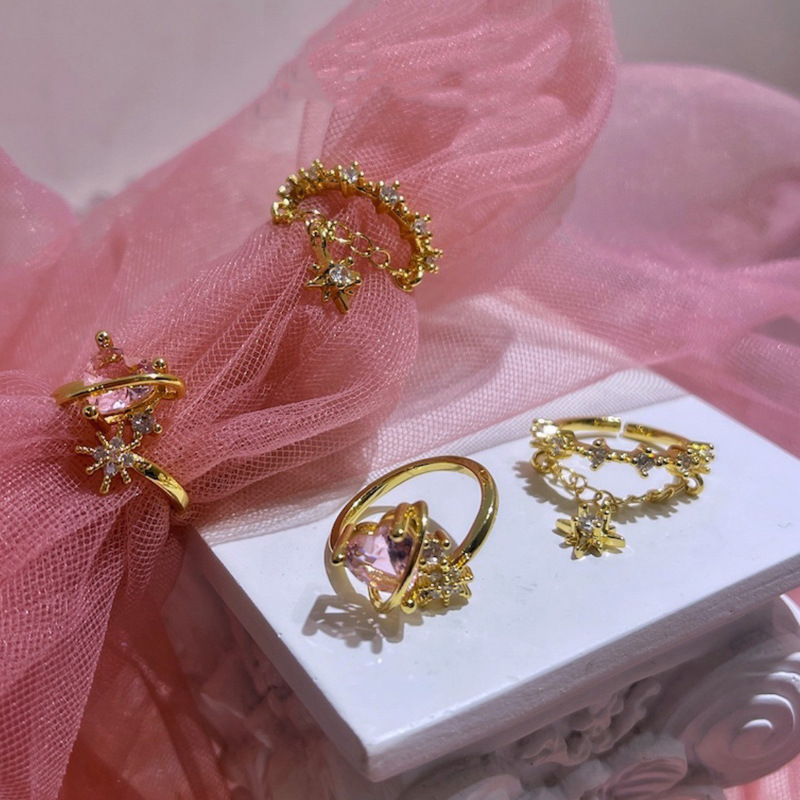 Heart-shaped pink diamond hexagonal star double-layer chain open ring, a niche design sense, ins sweet and cool style, fashionable ring details Picture