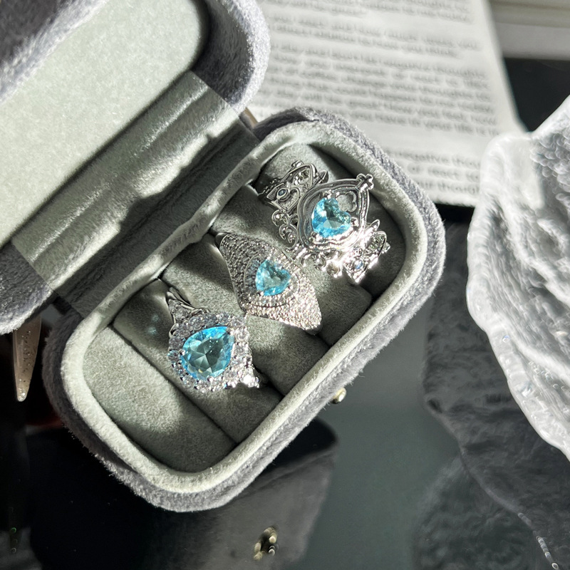 ins cold style, niche and light luxury, sea blue heart water drop zircon open ring, elegant and sweet cool ring for women Specification drawing