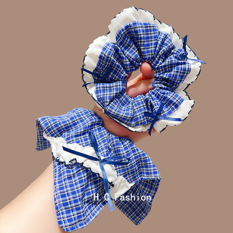 Elegant blue checkered bow tie large intestine hair band, Korean retro hair tie for women, high-end hair tie, hair band and hair accessory full figure