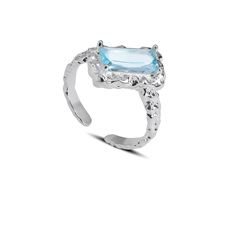 A niche design with a tin foil texture, square diamond blue zircon open ring, a women's light luxury, ins style, high-end and versatile ring Item Picture