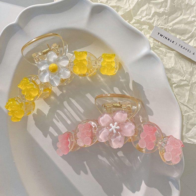 Sweet and cute cherry blossom bear transparent large grabber, high-end look, shark clip at the back of the head, hair clip, headwear for women full figure