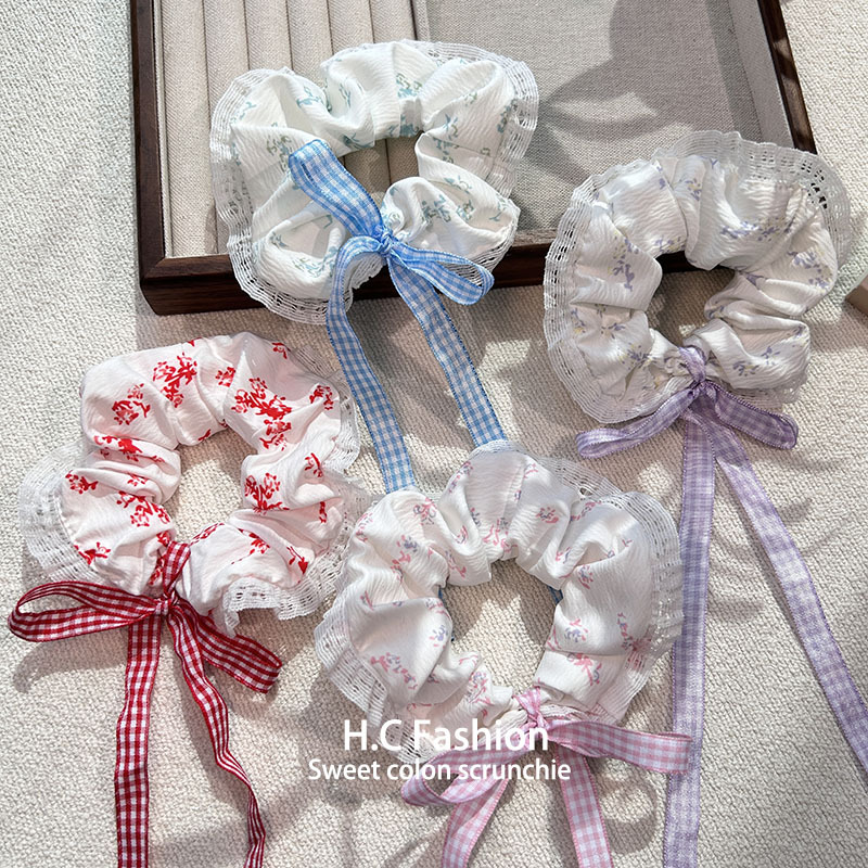 New lace-trimmed large intestine hair band, floral bow, ribbon, school-style hair tie, elegant fairy leather band hair accessory full figure