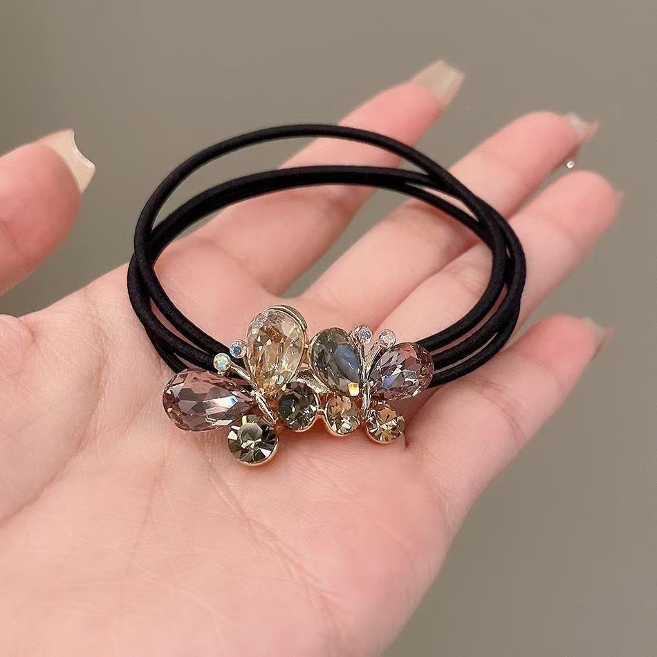 New Korean-style water diamond bow, high-end hair tie, women's semi-tied hair accessory, bun hairstyle, leather band hair tie Specification drawing