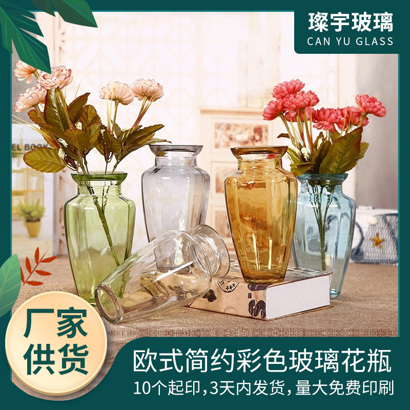 European-style simple glass vases, colorful and transparent home decoration, living room ornaments, flower arrangements, hydroponic vases, dried flower vases full figure