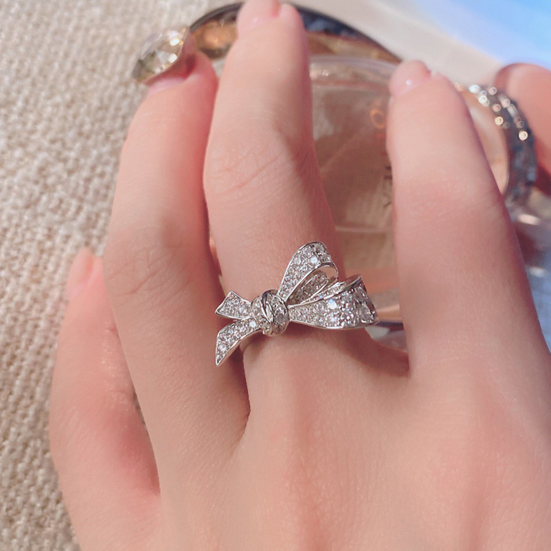 European and American three-dimensional full diamond bow open ring, a unique female design, sweet and trendy, versatile princess ins style ring Specification drawing