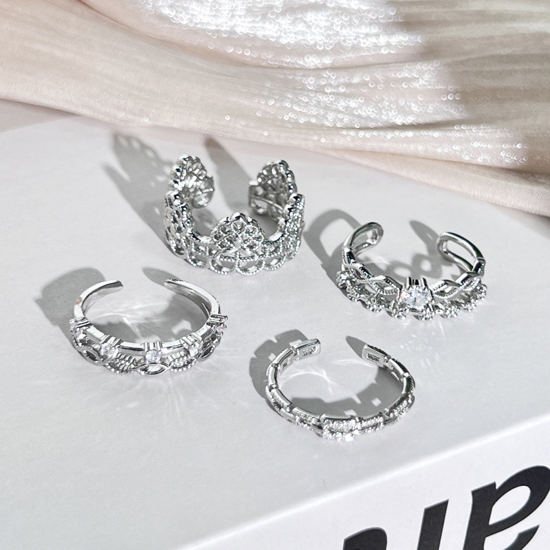 Korean-style lace hollowed-out diamond-encrusted simple open ring, women's light luxury, fashionable and niche design, high-end ring Specification drawing