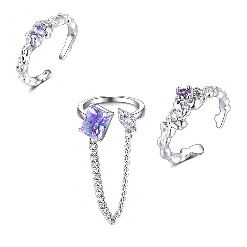 Korean Instagram cool and trendy purple square diamond chain tassel open ring, sweet and cool irregular pleated ring for women Specification drawing