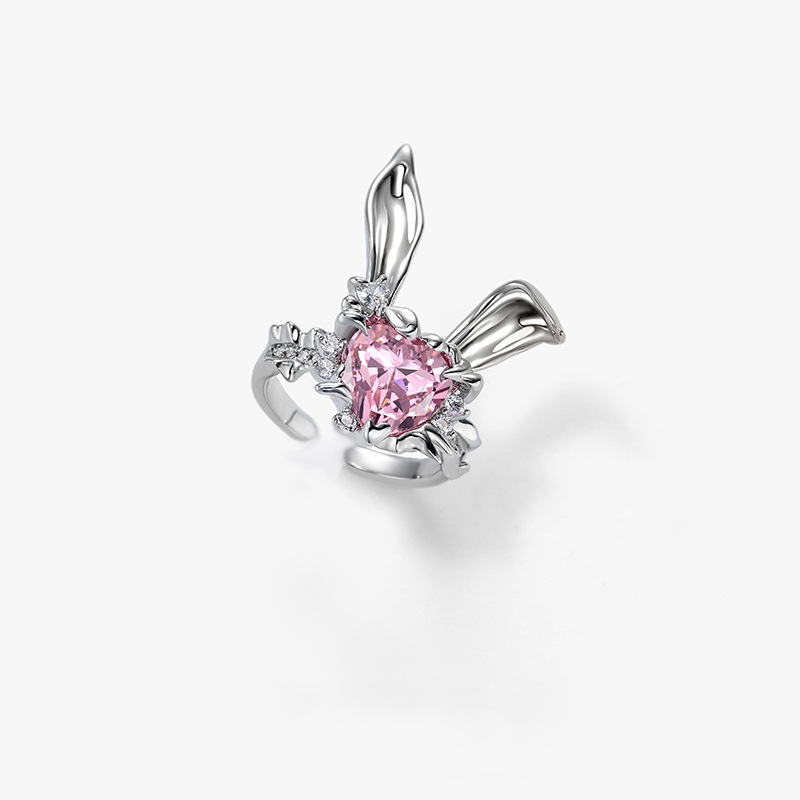 Sweet and cool style folded-ear rabbit pink diamond heart-shaped zircon open ring for girls, fashionable and exquisite, light luxury and trendy personality ring Item Picture