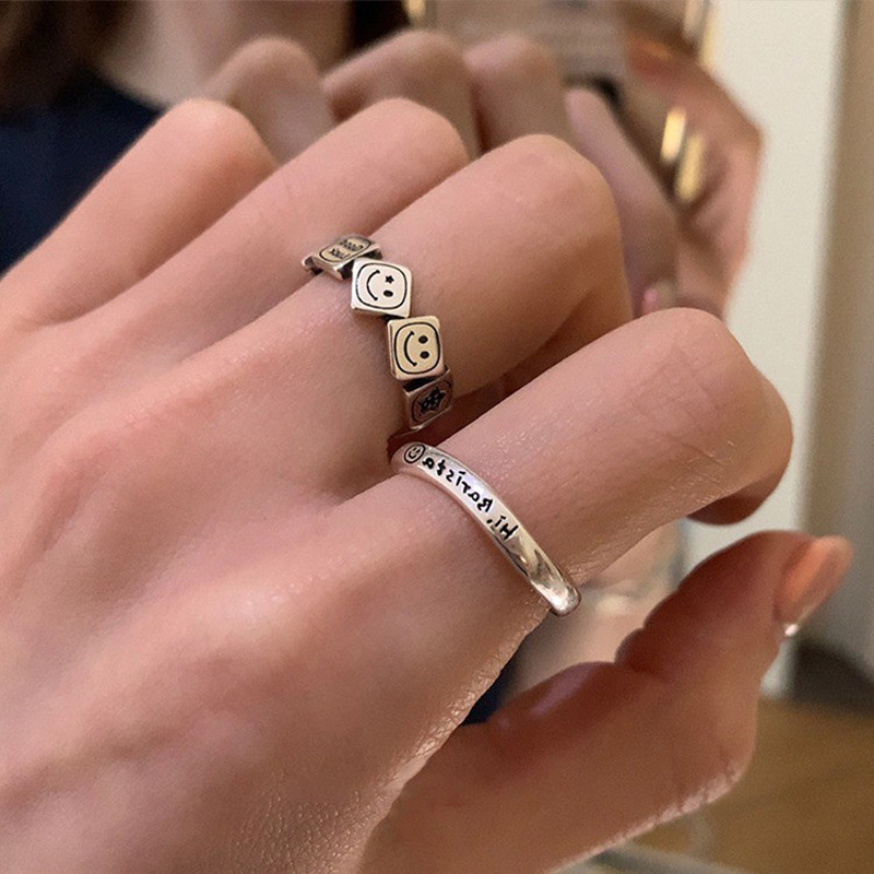 Retro aged square smiley face ring, a niche design for women, a high-end index finger ring, and a unique Instagram cold style ring details Picture