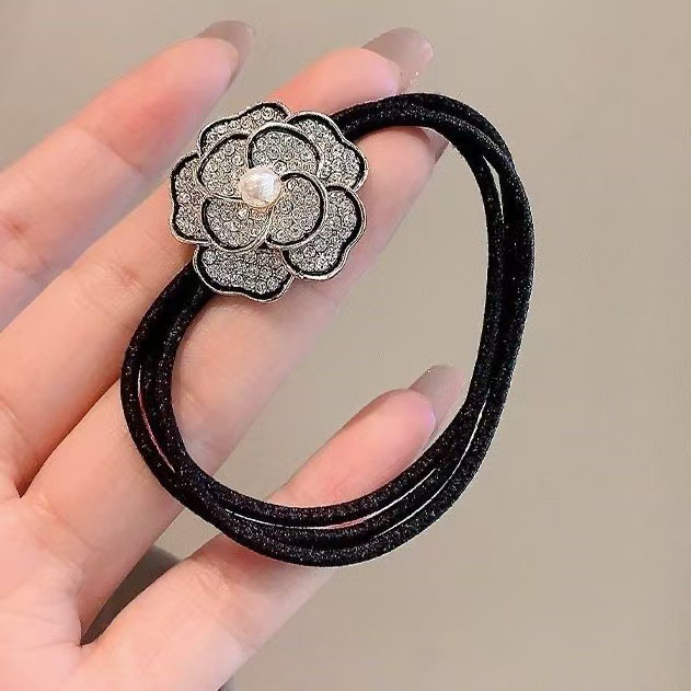 French-style camellia hair tie, black high-end ponytail, elegant headwear, high-elasticity bun hair tie details Picture