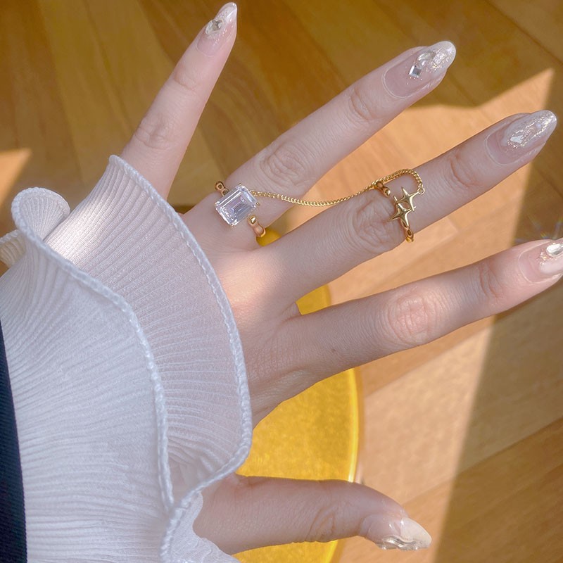 Starlight Luxury high-end star chain open ring ins Cold and elegant Suzhou square zircon set ring Specification drawing