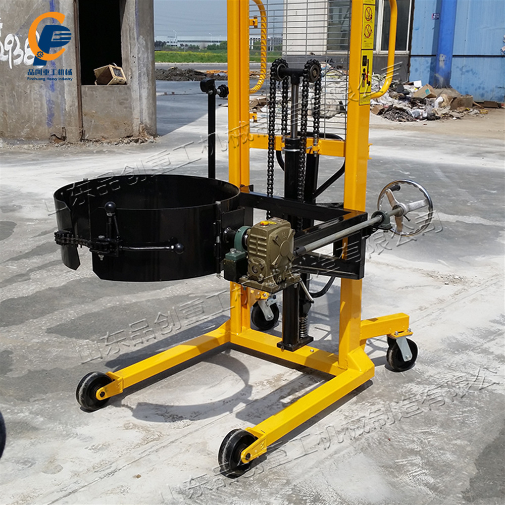 Hand-pushed plastic drum elevator, electric oil drum and iron drum transporter, clamp-type filling oil drum stacker full figure