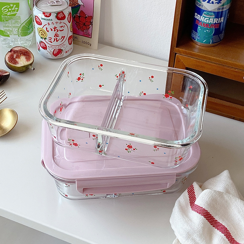 Rectangular glass lunch box, girlish fresh-keeping bowl, bento box with covered bowl, microwave oven heating tape, rice fresh-keeping box details Picture
