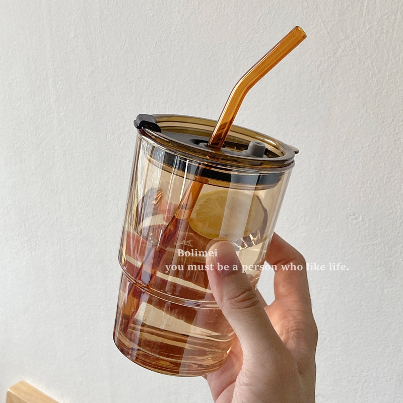 Bolimei Korean InS-style tea-colored glass straw cup, student covered water cup, large-capacity glass cup Application Scenario