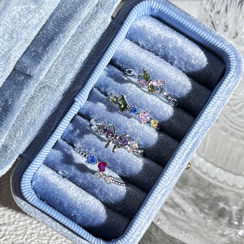 Sweet and cute girl's colorful diamond bow open ring, layered for women, exquisite and elegant, niche and cold style, versatile ring trend Specification drawing