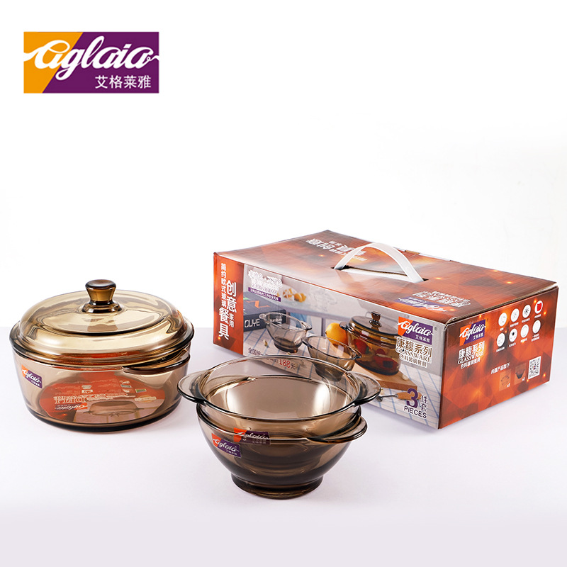 Jingjia double-ear tempered glass pot bowl, heat-resistant glass dinner plate and soup bowl, Kangfu series tableware gift set Specification drawing