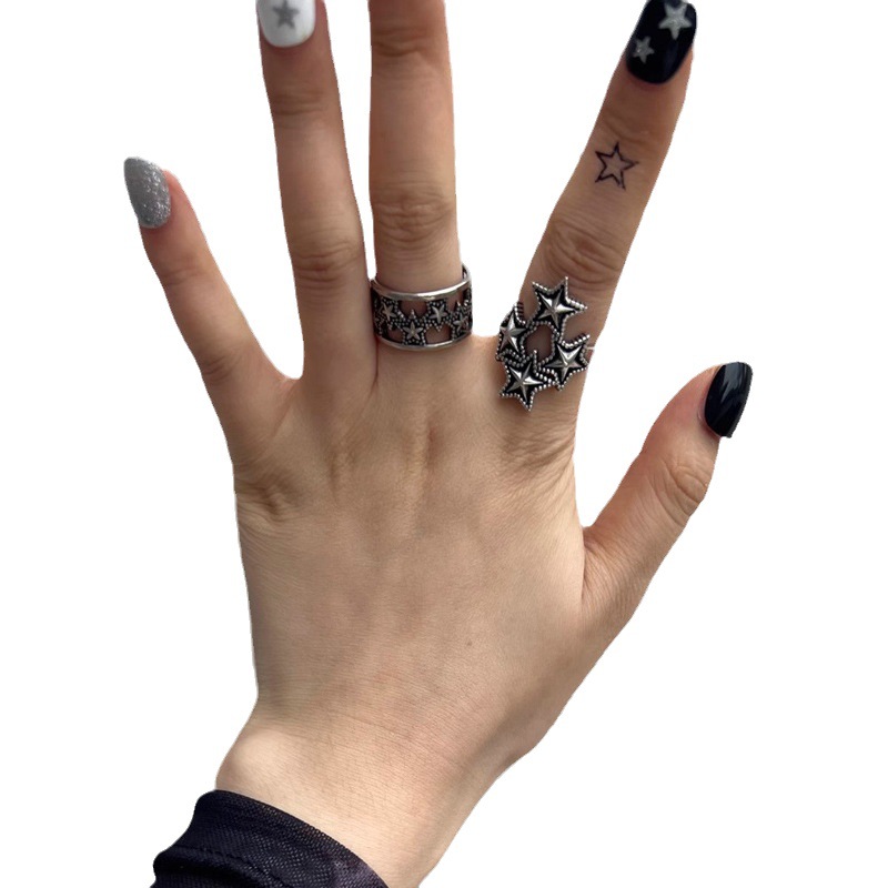 Retro aged, unique and niche star-shaped opening ring with adjustable texture, cool and trendy dark punk index finger ring for both men and women Item Picture