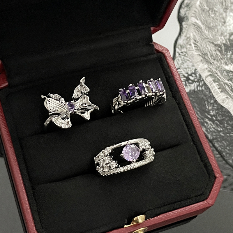A light luxury and high-end brushed butterfly horse eye purple diamond ring, a unique design for women, fashionable, exquisite and versatile, sweet and cool ring Specification drawing