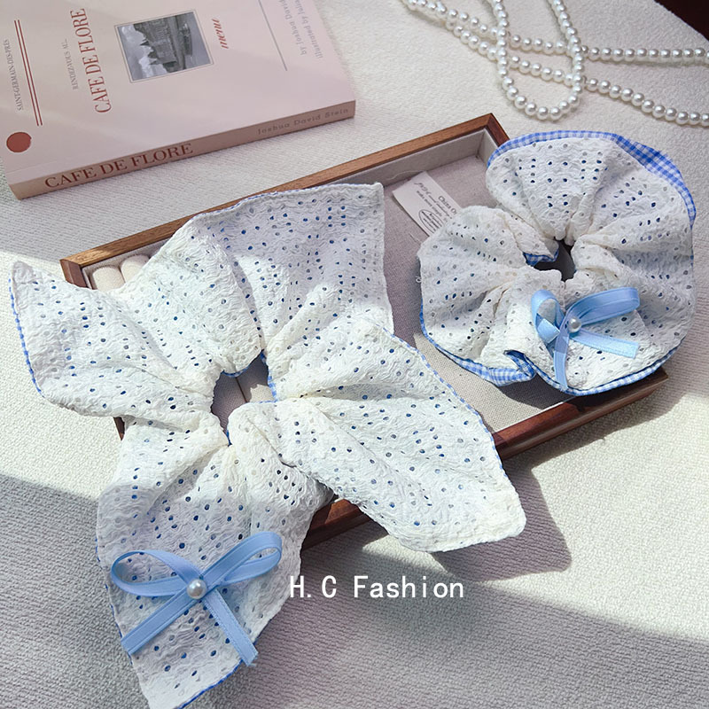 New ballet-style blue checkered bow large intestine hair band, feminine hair tie, low ponytail, large hair tie and hair accessory Specification drawing