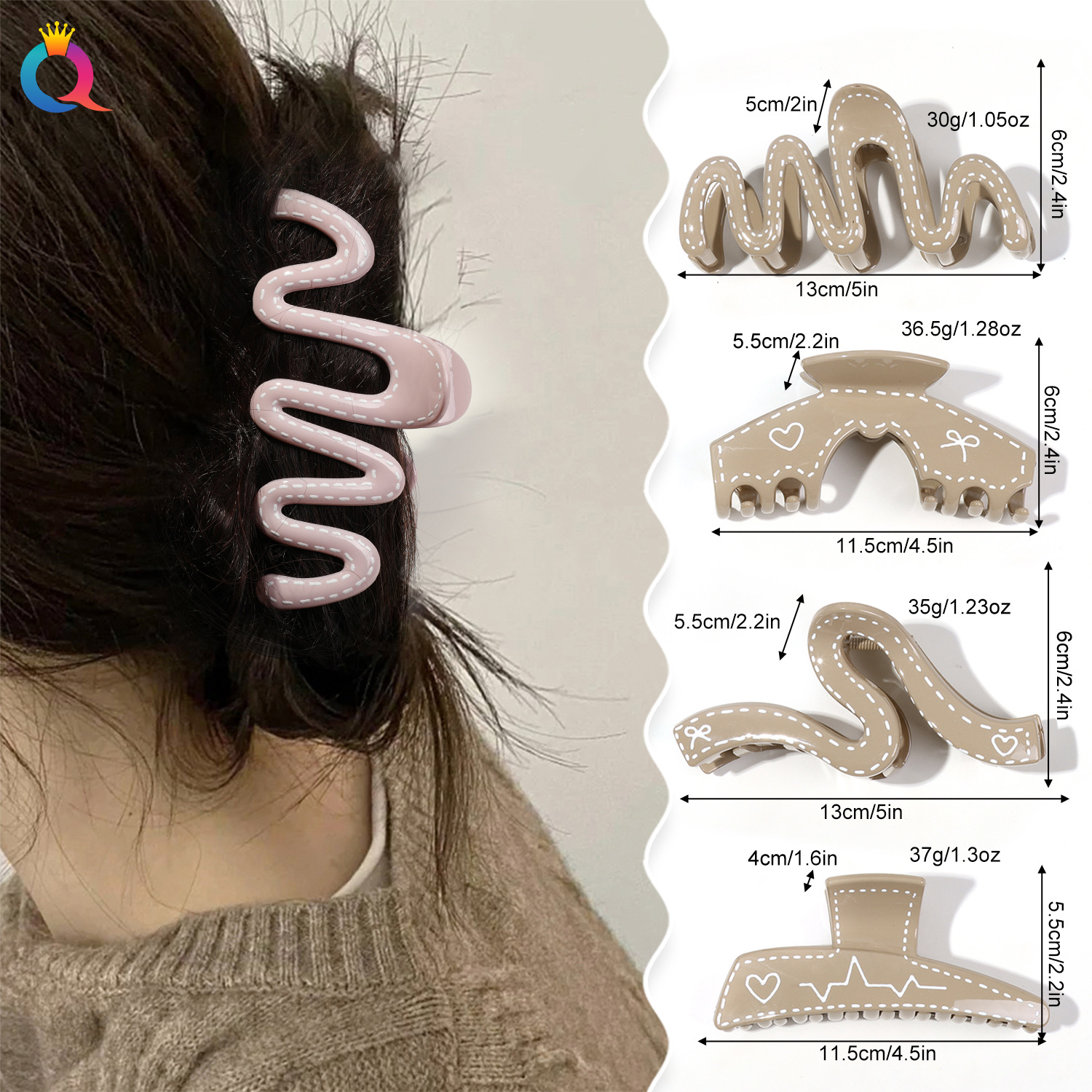 Qiyue ins cream color hand-painted grab clip for women, simple large hair clip, high-end updo, shark clip, back of the head clip details Picture