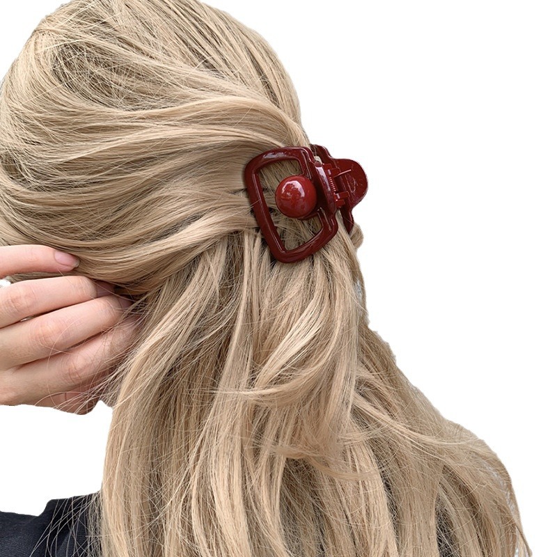 Ankela Red medium-sized pearl claw for women, new high-end bow style, casual semi-tied hair, small volume shark clip Item Picture